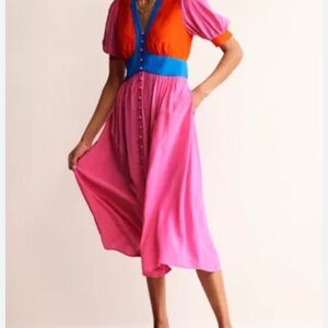 Boden Pink Puff Sleeve V-Neck Midi tea dress